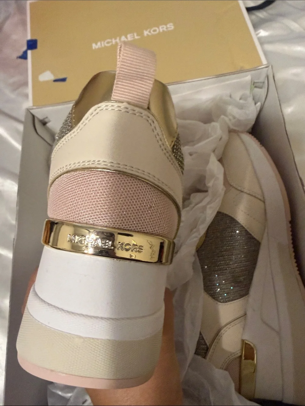 Michael Kors Cream, Pink & Gold Glitter Platform Sneakers - Picture 4 of 6
